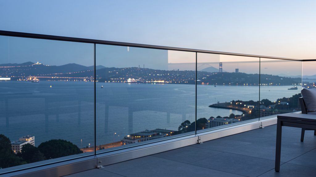 Frameless glass railing on a rooftop patio at dusk