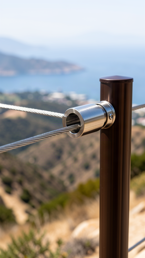 Close-up of stainless steel cable railing hardware and tensioner fittings