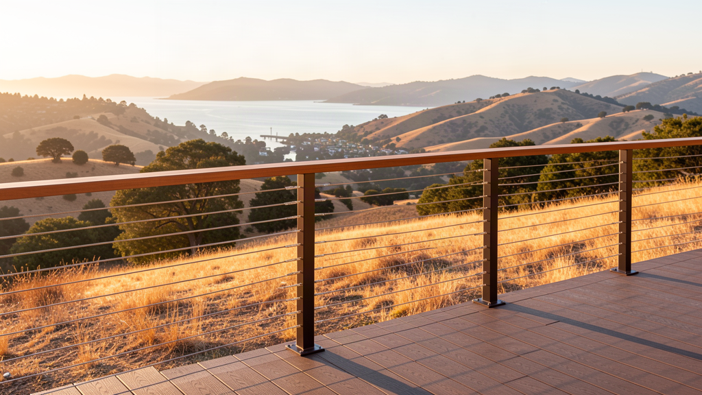 Stainless steel cable railing on a hillside deck overlooking a green Bay Area valley