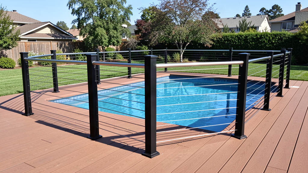 Cable railing around a pool deck with hills beyond