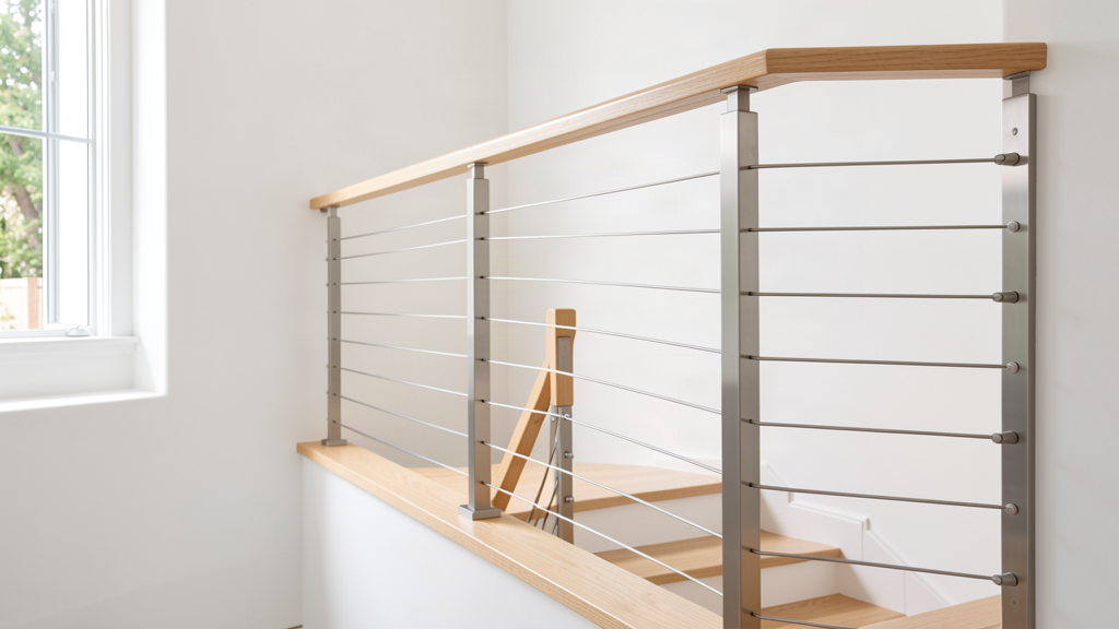 Interior staircase with horizontal stainless cable railing